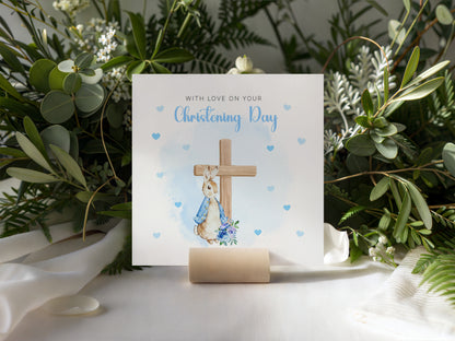 Christening Day Card for Boy – Blue Bunny Cross Design – With Love on Your Christening Day Baptism Christening Card for Boys, Son, Grandson, Nephew with Blue Envelope