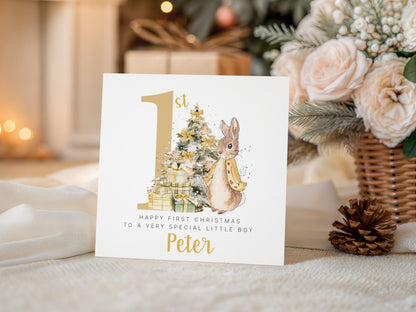 Personalised 1st Christmas Card for Baby Boy or Baby Girl – Golden Rabbit and Christmas Trees