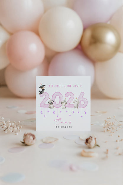 Personalised New Baby Girl Card Congratulations for Newborn Girl, Welcome To The World Card for Daughter, Granddaughter, Niece - Cute Puppy Dogs Design with Custom Name and Date with Pink Envelope
