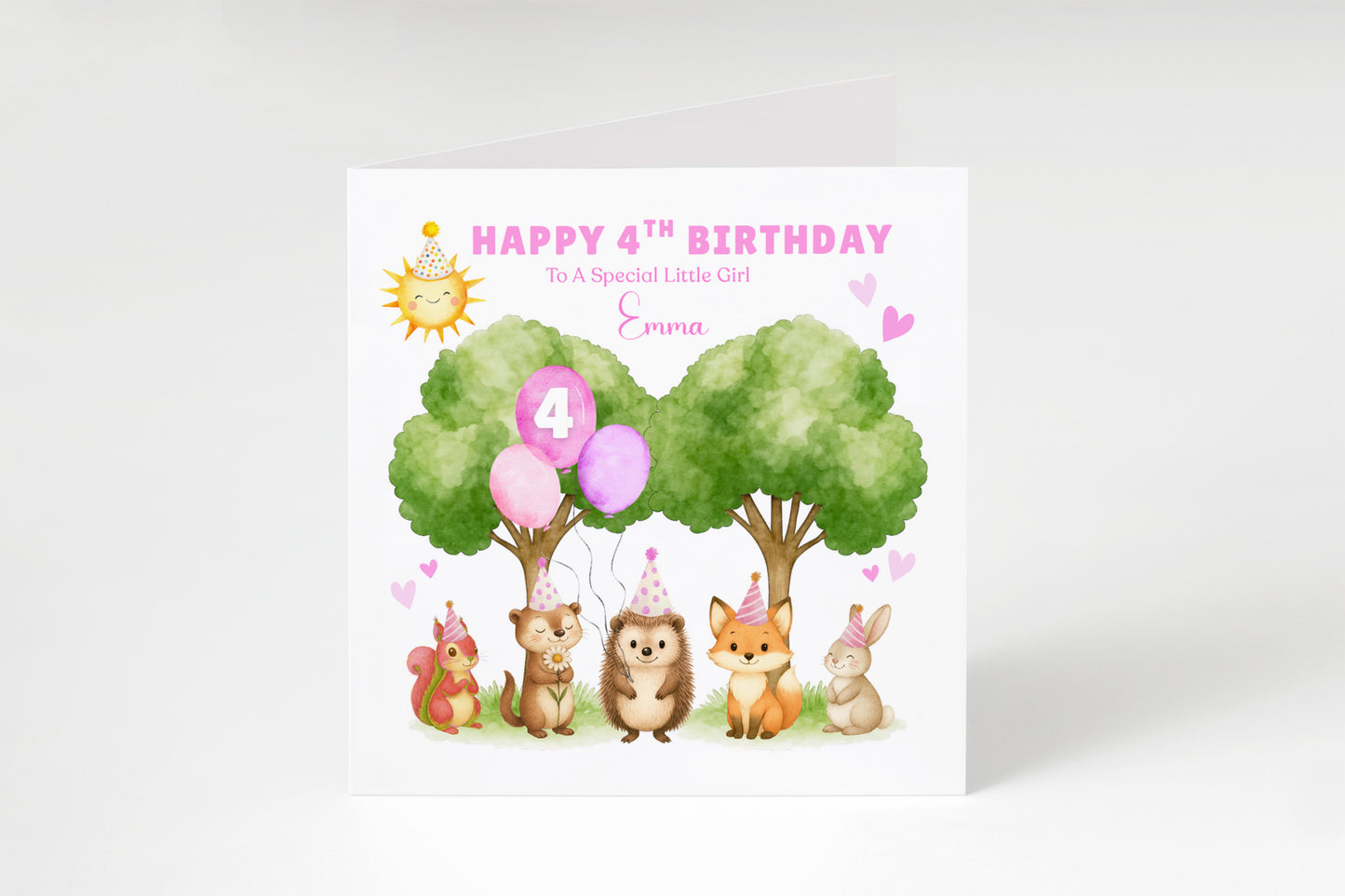 Personalised 4 Years Old 4th Birthday Card for Toddler Girls – Forest Animal Design with Custom Name & Message - Age 4 Woodland Birthday Card for Kids Daughter Granddaughter Niece with Pink Envelope