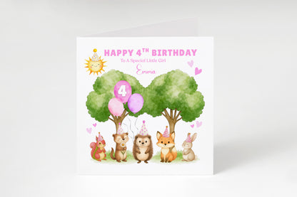 Personalised 4 Years Old 4th Birthday Card for Toddler Girls – Forest Animal Design with Custom Name & Message - Age 4 Woodland Birthday Card for Kids Daughter Granddaughter Niece with Pink Envelope