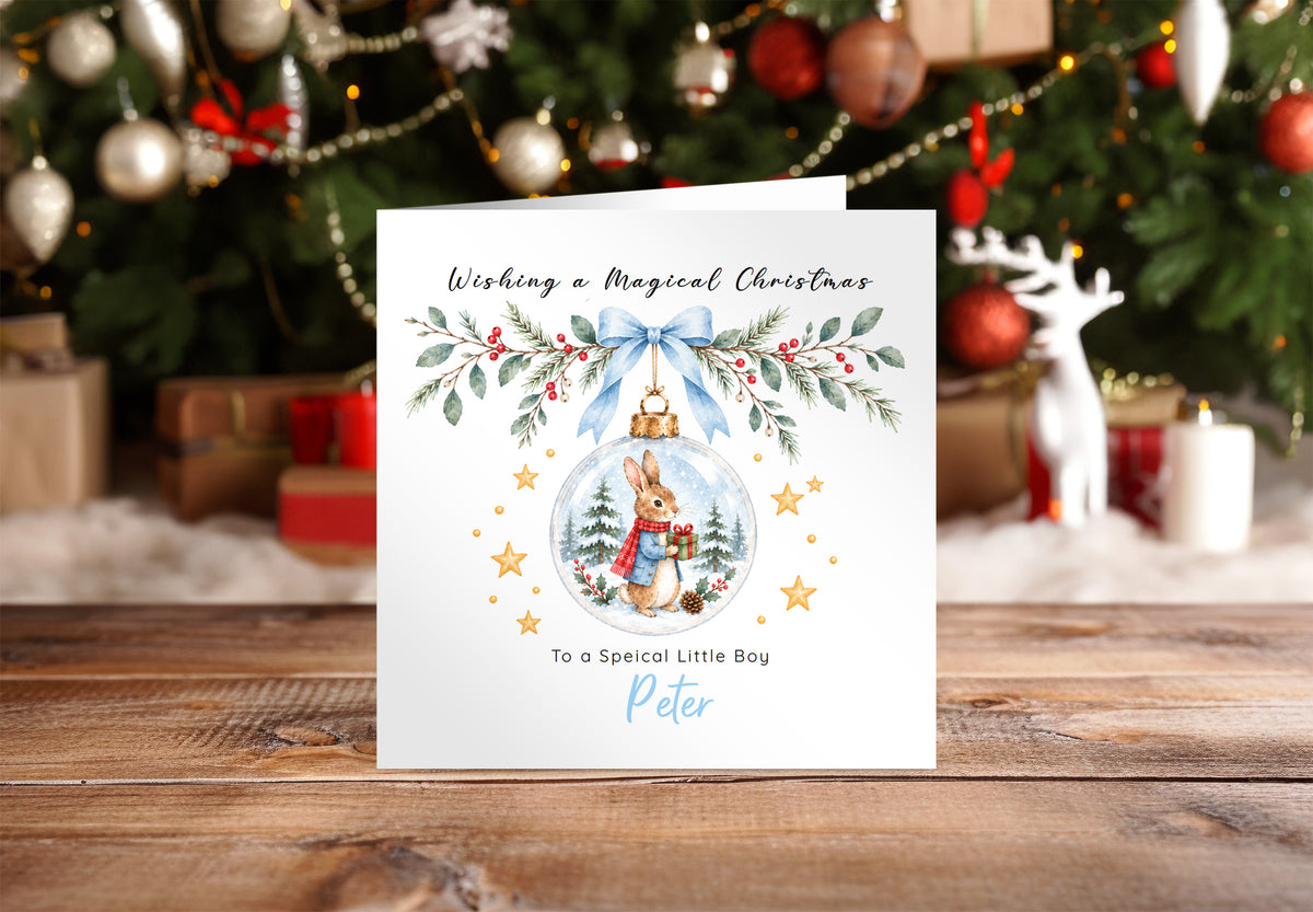Personalised Christmas Card for Boys – Bunny in a Christmas Bauble
