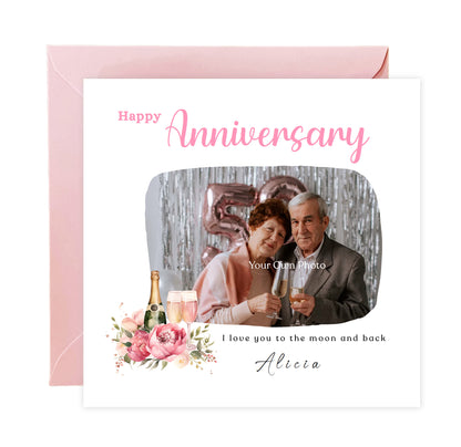 Personalised Photo Anniversary Card - Elegant Floral and Champagne Design - Custom Message, Name & Photo for Wedding, Relationship, Him, Her, Wife, Husband, Partner, Couple - Pink Envelope Included