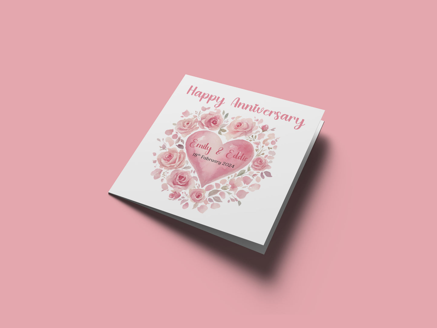 Personalized Anniversary Card – Romantic Floral Heart Design with Customised Names and Date– for Couples, Husband, Wife, Relationship, Engagement, 1st Date – Pink Envelope Included