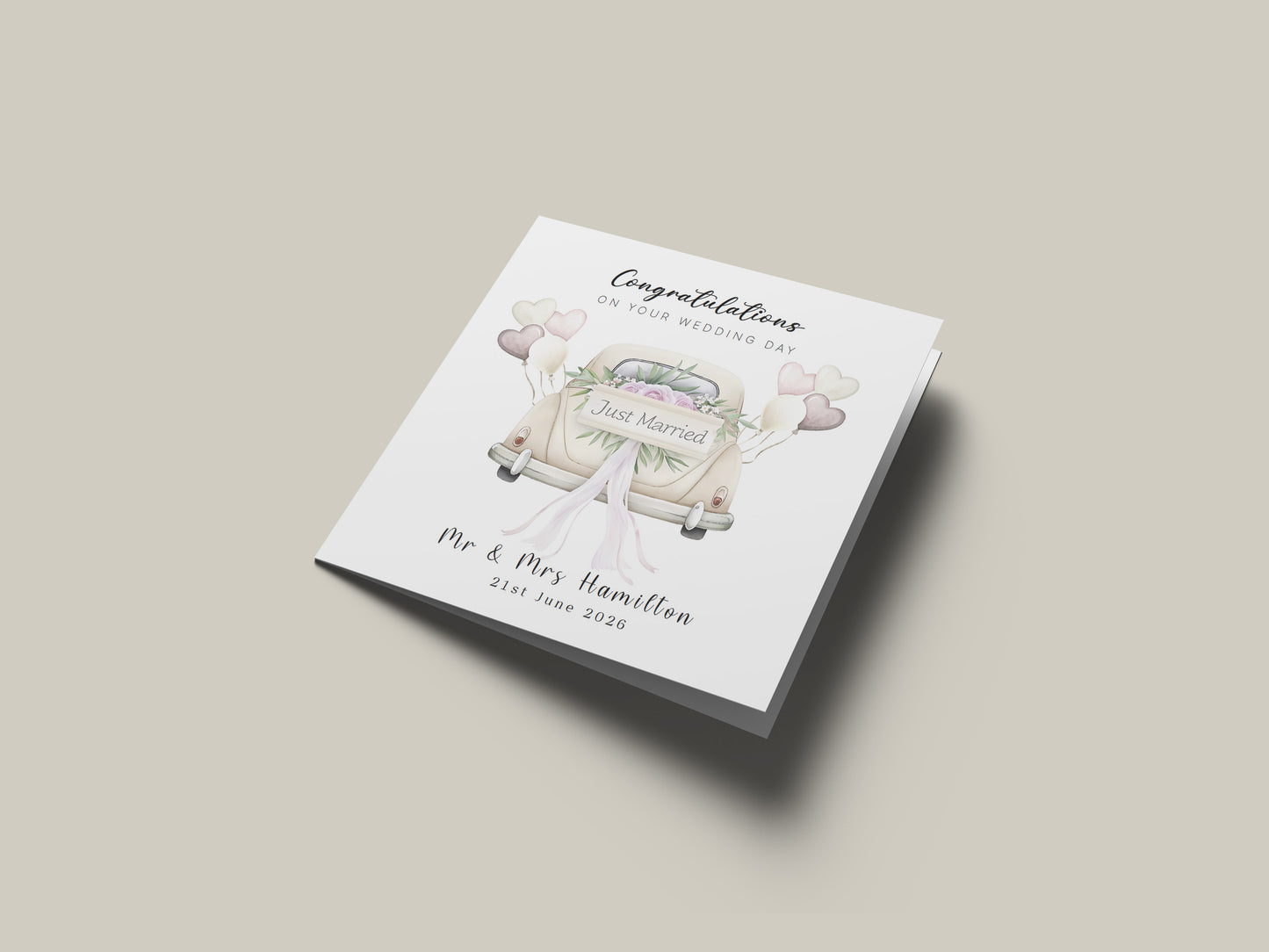 Personalised Wedding Card – Custom Couple's Names or  New Mr & Mrs Surname & Wedding Date – Elegant Wedding Car Design - Wedding Congratulations Card for Newlywed couples - Kraft Envelope Included