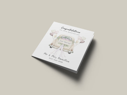 Personalised Wedding Card – Custom Couple's Names or  New Mr & Mrs Surname & Wedding Date – Elegant Wedding Car Design - Wedding Congratulations Card for Newlywed couples - Kraft Envelope Included