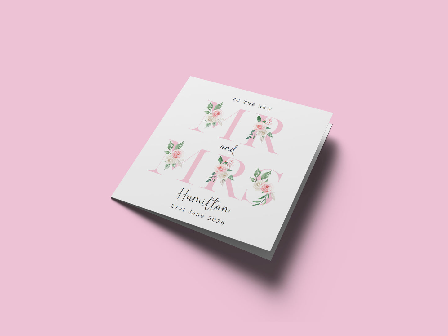 Personalised Mr & Mrs Wedding Card – Custom Surname & Wedding Date – Floral Alphabets/Letters Design - Wedding Congratulations Keepsake Card for Newlywed couples, Him or Her - Pink Envelope Included