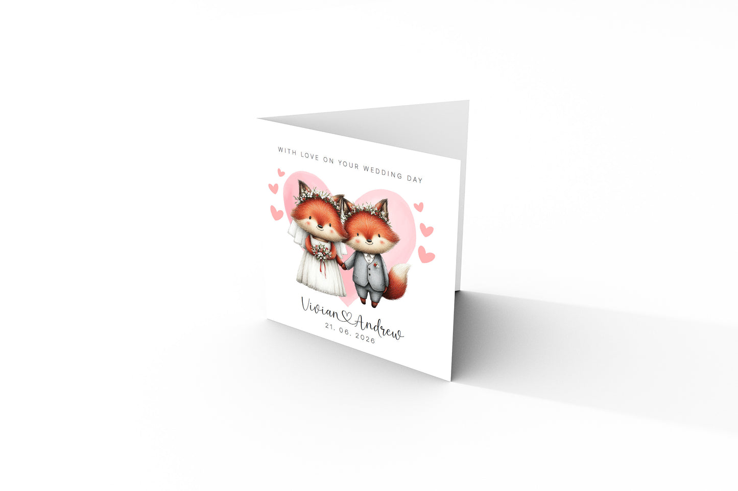 Personalised Wedding Card with Custom Couple's Names & Wedding Date – Cute Fox Design - Wedding Congratulations Card for Newlywed couples, Animal Lovers, Him or Her - Pink Envelope Included