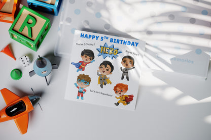 Superhero 5th Birthday Card for Boys – Superhero Characters Design for Age 5 Years Old, Fifth Birthday Kids, Little Birthday Hero, Son, Grandson, Nephew –  Blue Envelope Included