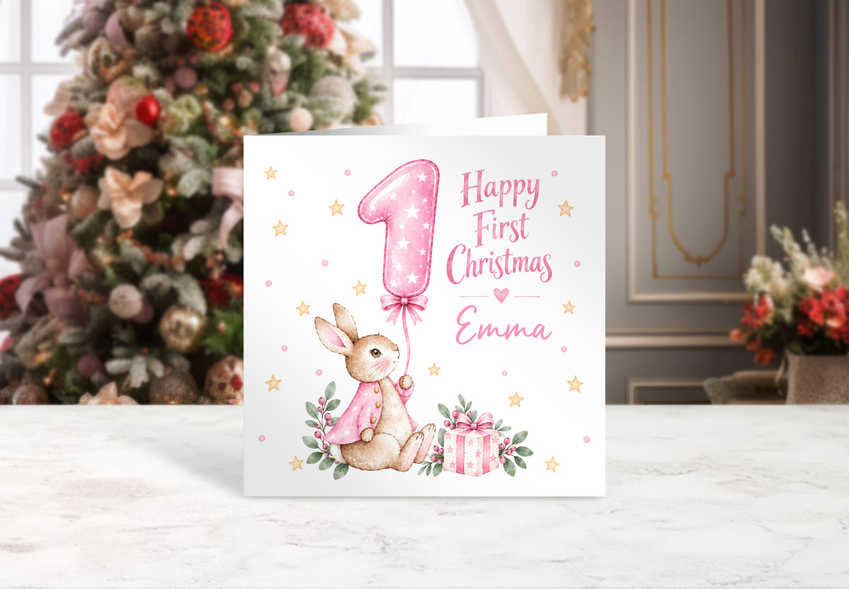 Personalised Baby Girl's First Christmas Card – Pink Cute Bunny Design
