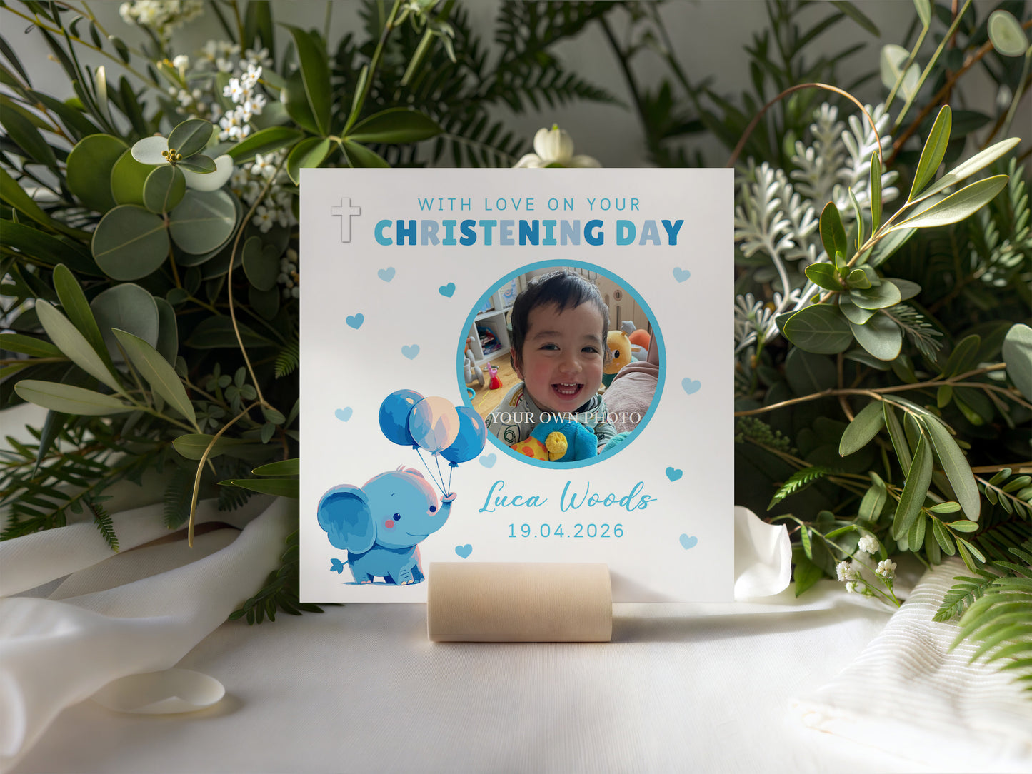Personalised Photo Christening Card for Boy – Custom Baptism Card with Image, Name & Date -  Cute Blue Elephant Design – Baptism Card for Boys, Son, Grandson, Nephew with Blue Envelope