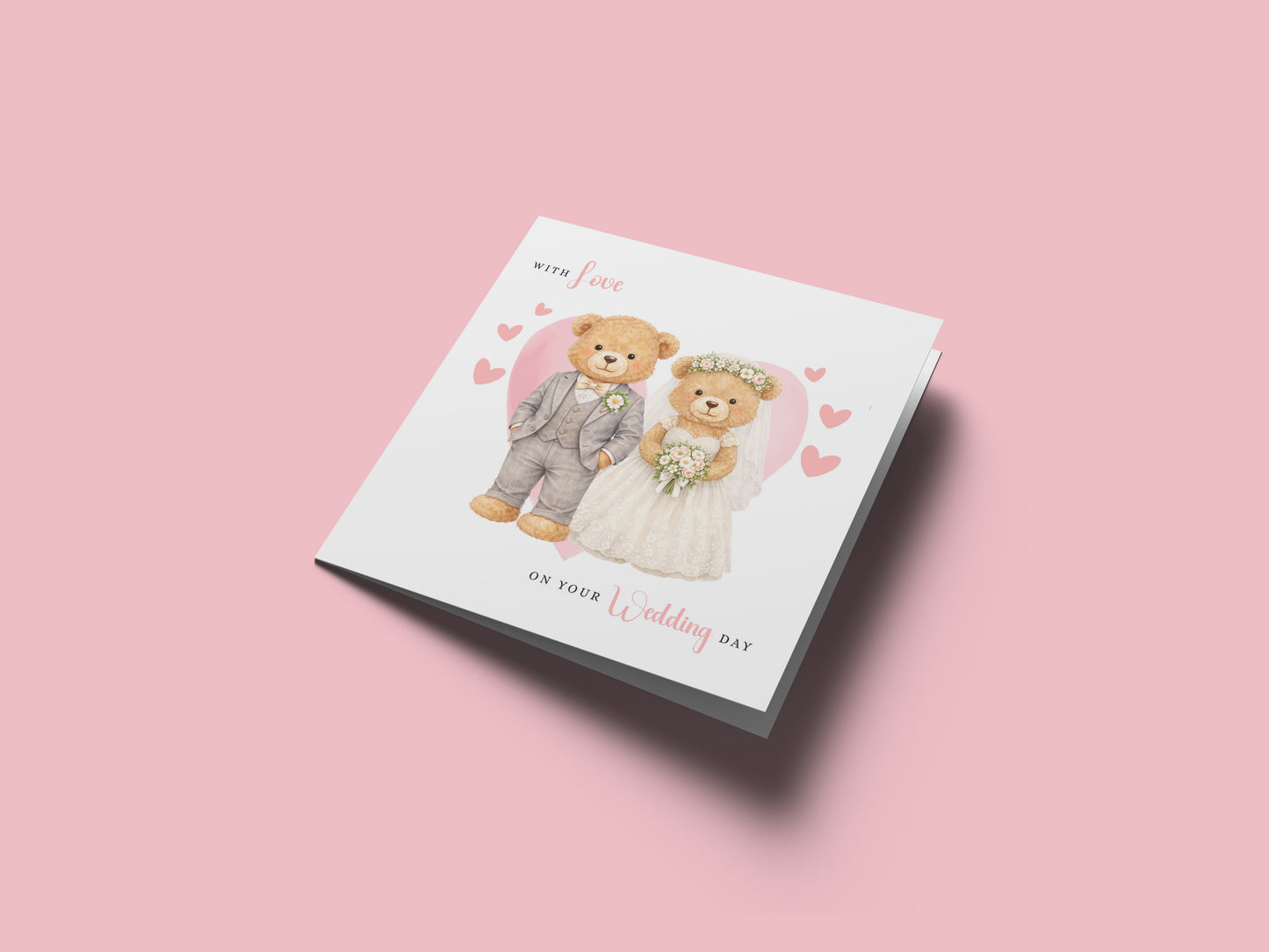 Wedding Card for Bride & Groom with Cute Teddy Bear Design - Wedding Day Congratulations Greeting Keepsake Love Card for Him or Her - Pink Envelope Included