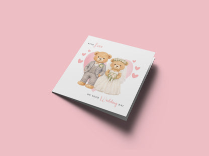 Wedding Card for Bride & Groom with Cute Teddy Bear Design - Wedding Day Congratulations Greeting Keepsake Love Card for Him or Her - Pink Envelope Included