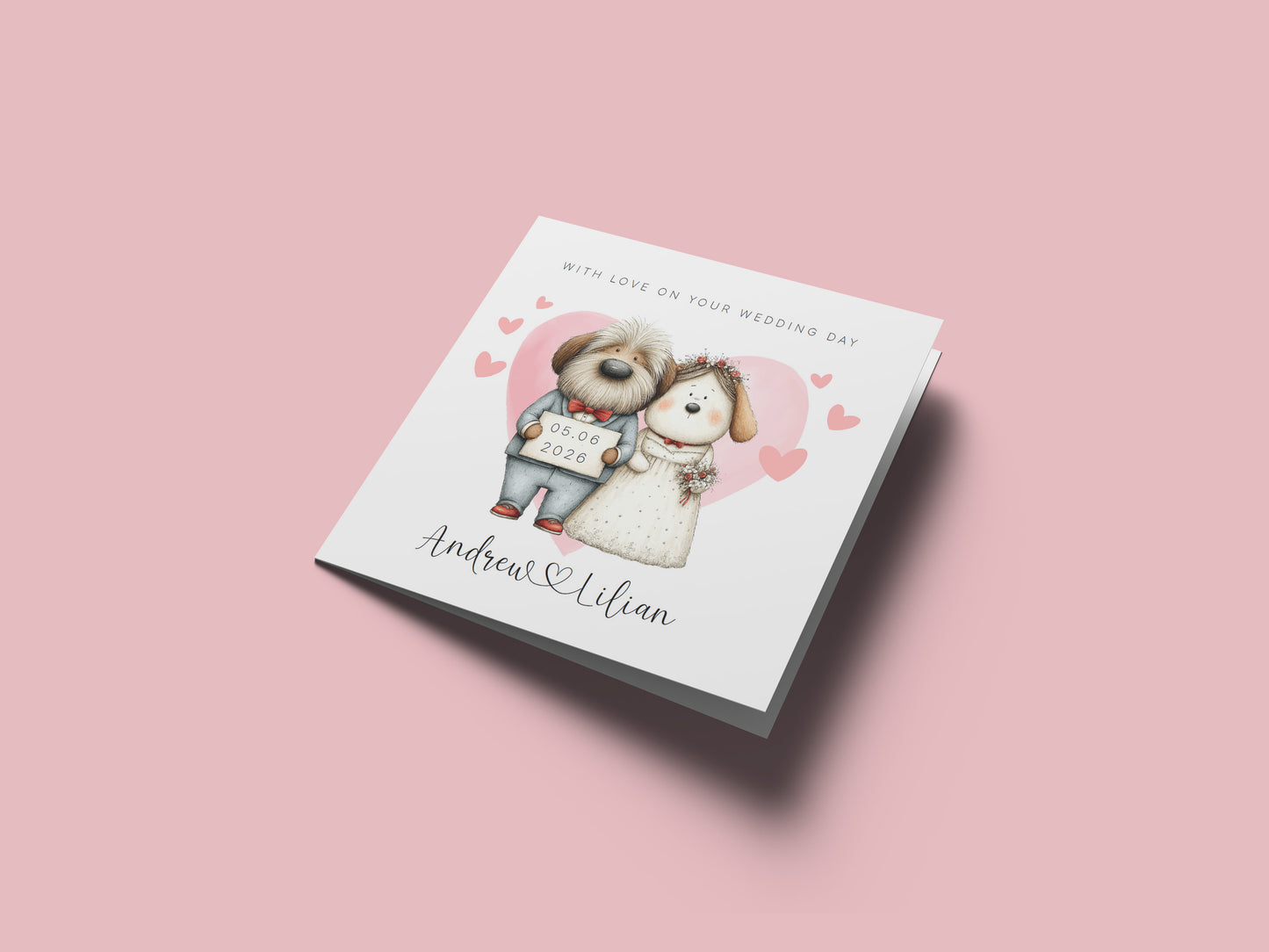 Personalised Wedding Card – Custom Couple's Names & Wedding Date – Cute Dogs Design - Wedding Congratulations Card for Newlywed couples, Dog Lovers, Him or Her - Pink Envelope Included