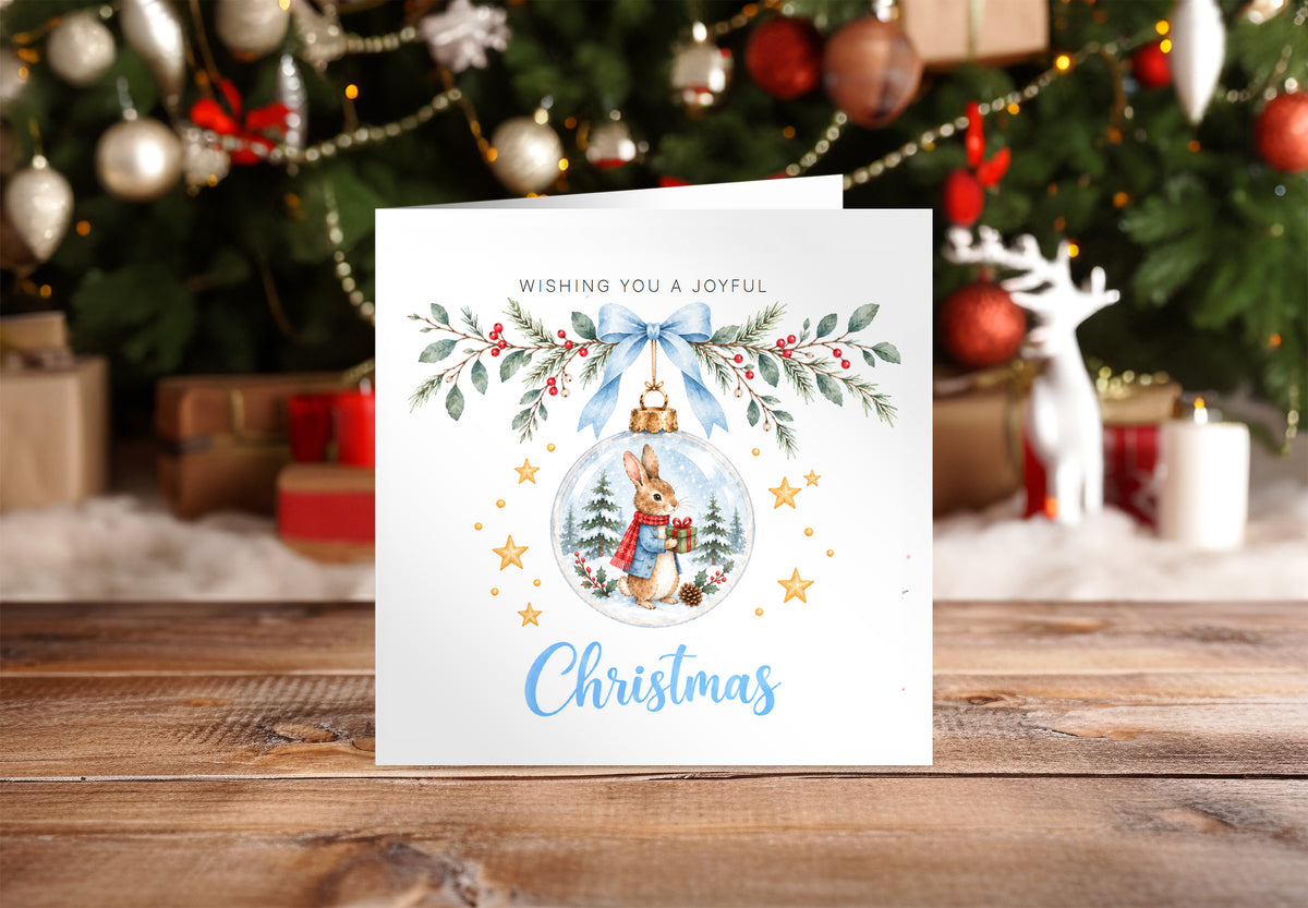 Christmas Card for Boys – Bunny in a Christmas Bauble