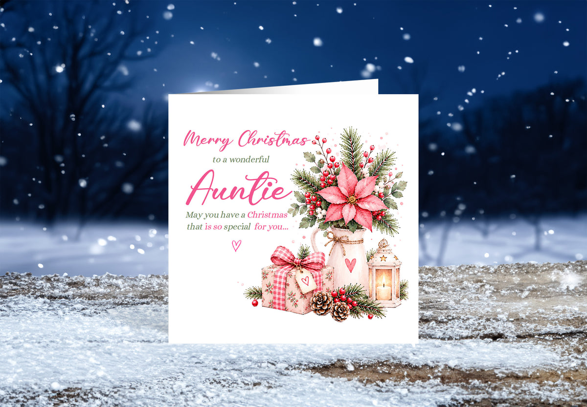 Christmas Card for Auntie – Pink Poinsettia & Festive Floral Design