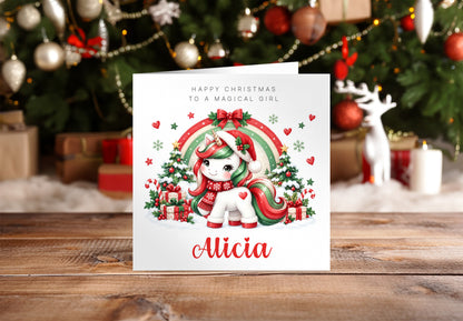 Personalised Christmas Card for Girls – Cute Magical Festive Unicorn