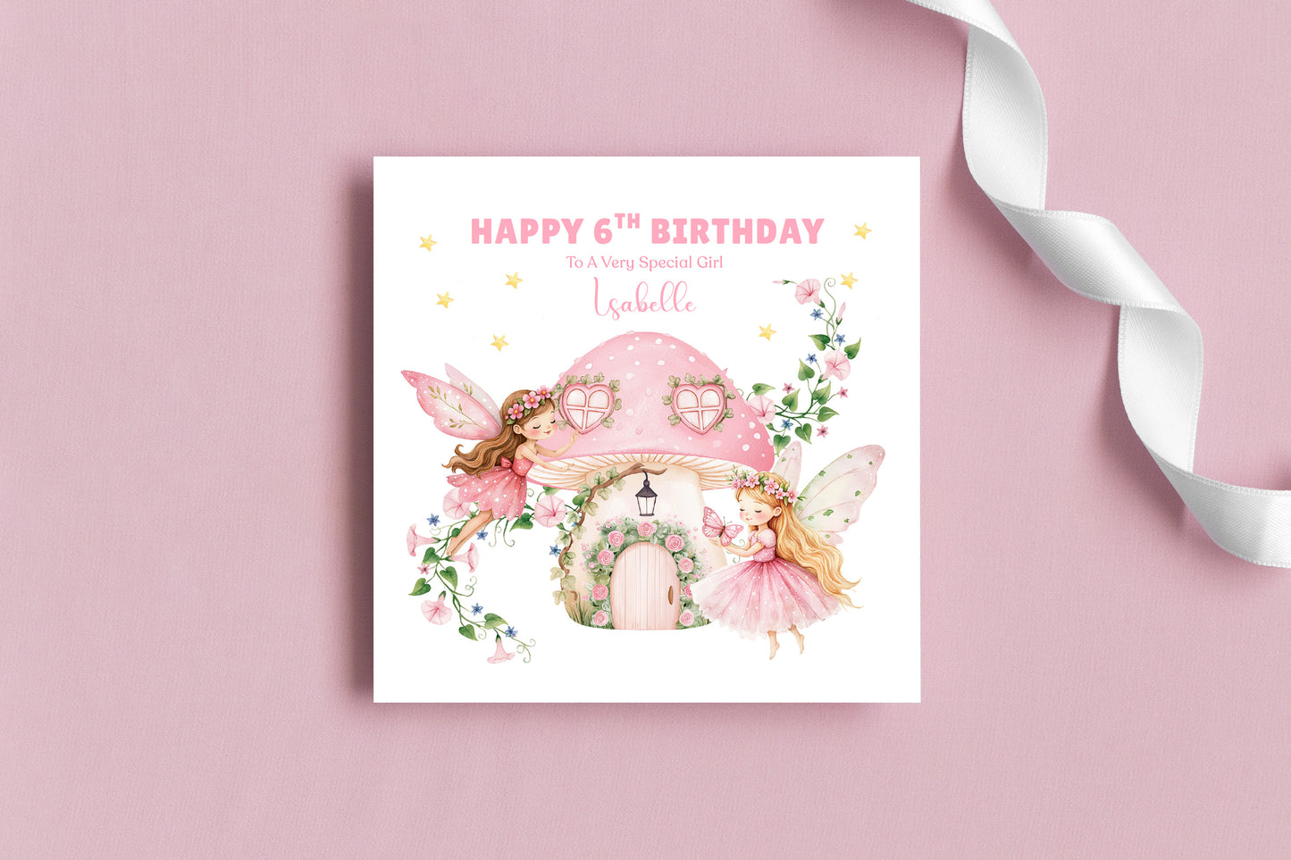 Personalised 6 Years Old 6th Birthday Card for Girls – Magical l Fairy with Custom Name & Message - Age 6 Birthday Card for Kids Children Daughter Granddaughter Niece - Pink Envelope Included