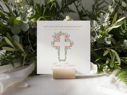 Personalised Christening Card for Girl – Custom Baptism Card with Message, Name & Date - Roses Cross Design – Religious Baptism Card for Girls, Daughter, Granddaughter, Niece - Pink Envelope Included