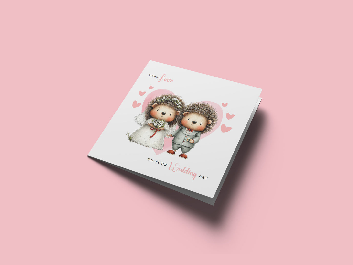 Cute Hedgehog Wedding Card – Wedding Congratulations Card – Adorable Animal Wedding Card – Romantic Wedding Day Card for Newlywed couples, Animal Lovers, Him or Her – Pink Envelope Included