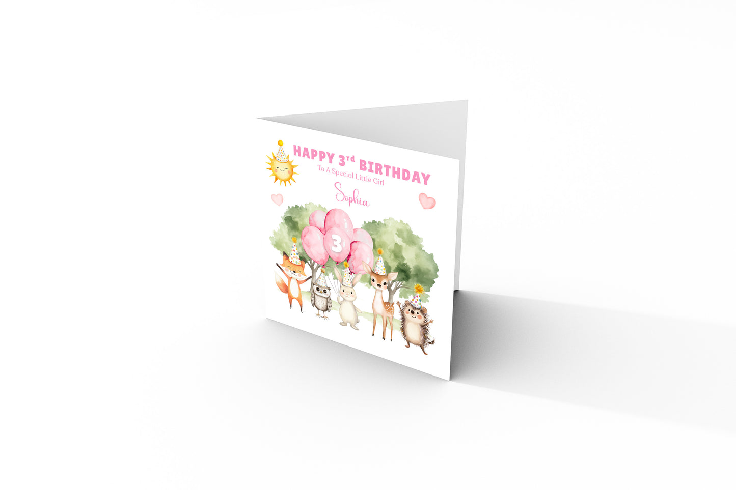 Personalised 3 Years Old 3rd Birthday Card for Toddler Girl – Woodland Animal Design with Custom Name & Message - Age 3 Year Old Birthday Card for Daughter, Granddaughter, Niece with Pink Envelope