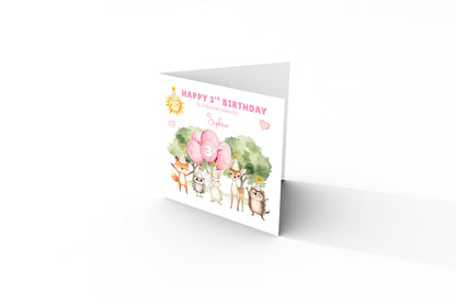 Personalised 3 Years Old 3rd Birthday Card for Toddler Girl – Woodland Animal Design with Custom Name & Message - Age 3 Year Old Birthday Card for Daughter, Granddaughter, Niece with Pink Envelope