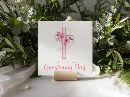 Floral Cross Christening Card for Girl – With Love On Your Christening Day – Religious Baptism Card for Girls, Daughter, Granddaughter, Niece - Pink Envelope Included