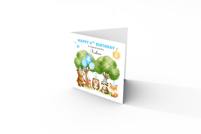 Personalised 4 Years Old 4th Birthday Card for Boys– Forest Animal Design with Custom Name & Message - Age 4 Woodland Birthday Card for Kids, Children, Son, Grandson Nephew with Blue Envelope