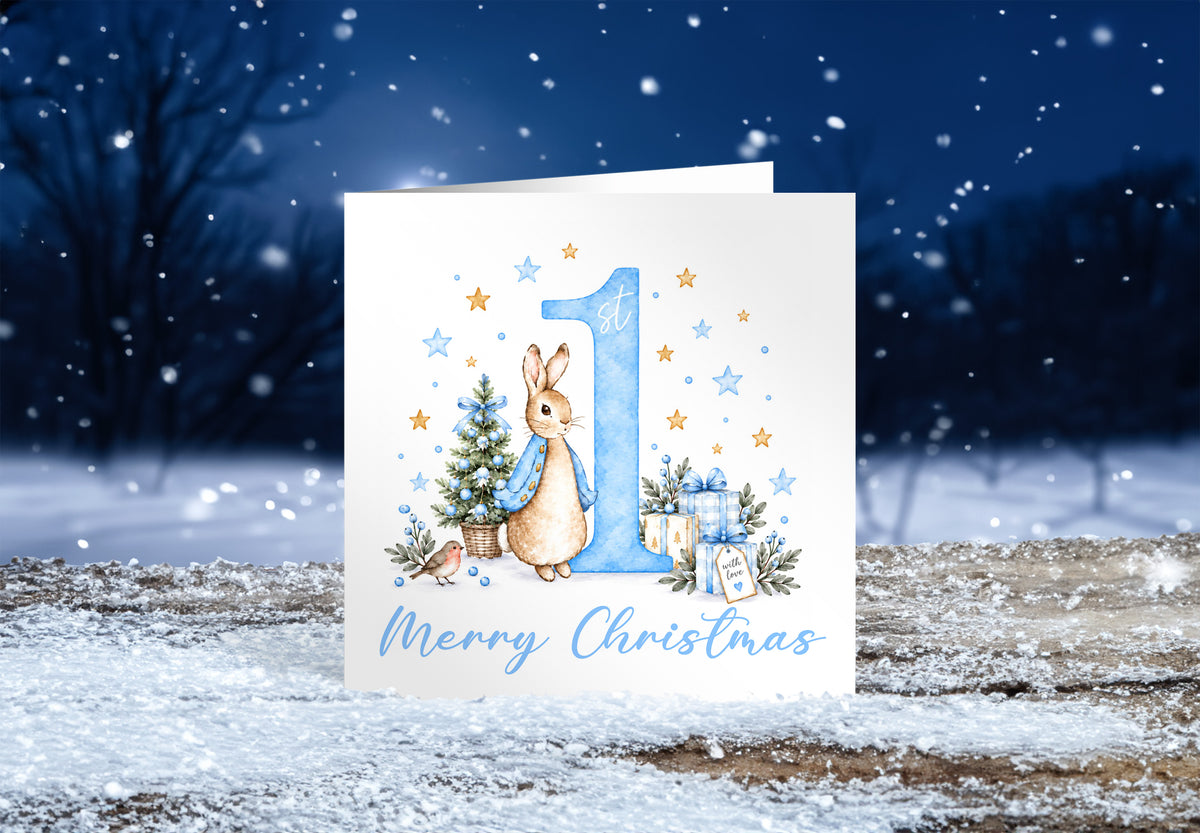 Merry Christmas Card for Baby Boys – Cute Blue Rabbit and Number 1