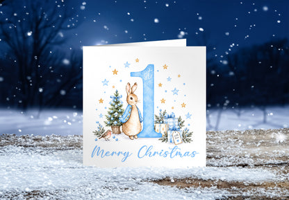 Merry Christmas Card for Baby Boys – Cute Blue Rabbit and Number 1