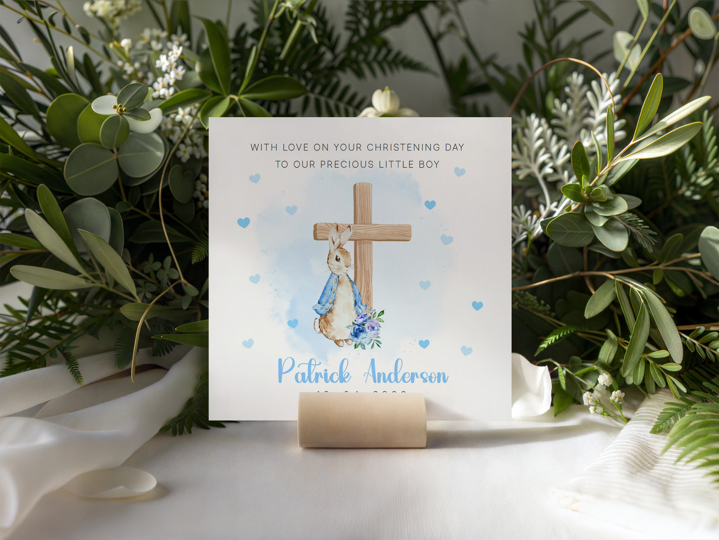 Personalised Christening Card for Boy – Custom Baptism Card with Message, Name & Date -  Blue Bunny Cross – Baptism Card for Boys, Son, Grandson, Nephew with Blue Envelope