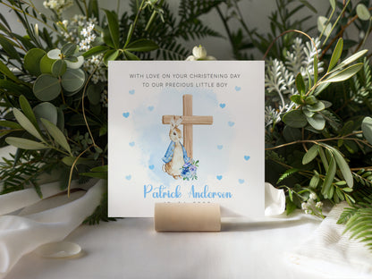 Personalised Christening Card for Boy – Custom Baptism Card with Message, Name & Date -  Blue Bunny Cross – Baptism Card for Boys, Son, Grandson, Nephew with Blue Envelope