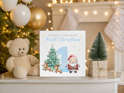 Happy 1st Christmas Card for Baby Boy – Cute Santa, Reindeer and  Christmas Tree Design - Watercolor First Xmas Card for Son, Grandson, Nephew - Blue  Envelope Included