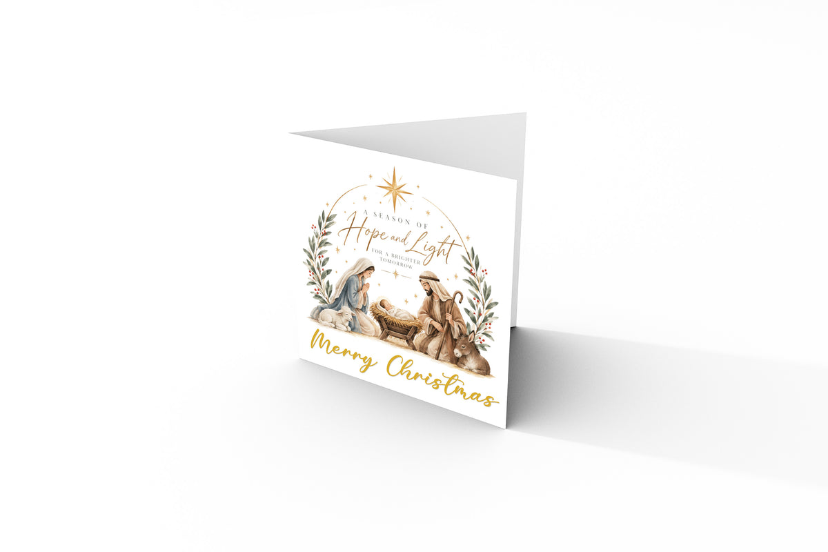 Nativity Christmas Card - Mary, Joseph, Baby Jesus and Twinkling Stars Design - Elegant Religious Christmas Greeting Card
