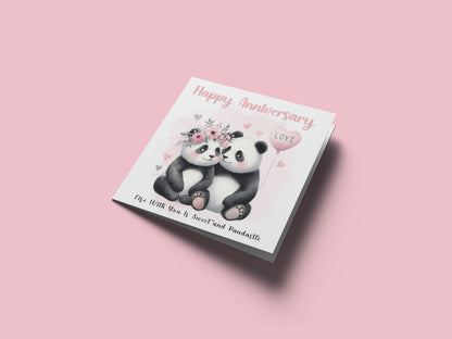 Cute Panda Couple Anniversary Card for Wedding, Dating, Relationship Milestones 1st, 2nd, 3rd, 5th, 10th, 20th 30th - For Him, Her, Wife, Husband, Couples - Pink Envelope Included