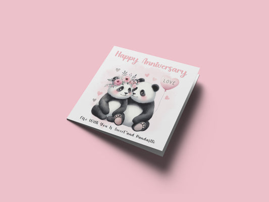 Cute Panda Couple Anniversary Card for Wedding, Dating, Relationship Milestones 1st, 2nd, 3rd, 5th, 10th, 20th 30th - For Him, Her, Wife, Husband, Couples - Pink Envelope Included