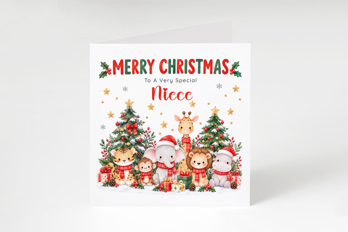 Jungle Animals Christmas Card for Niece - Cute Safari Animals Design