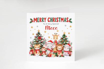 Jungle Animals Christmas Card for Niece - Cute Safari Animals Design