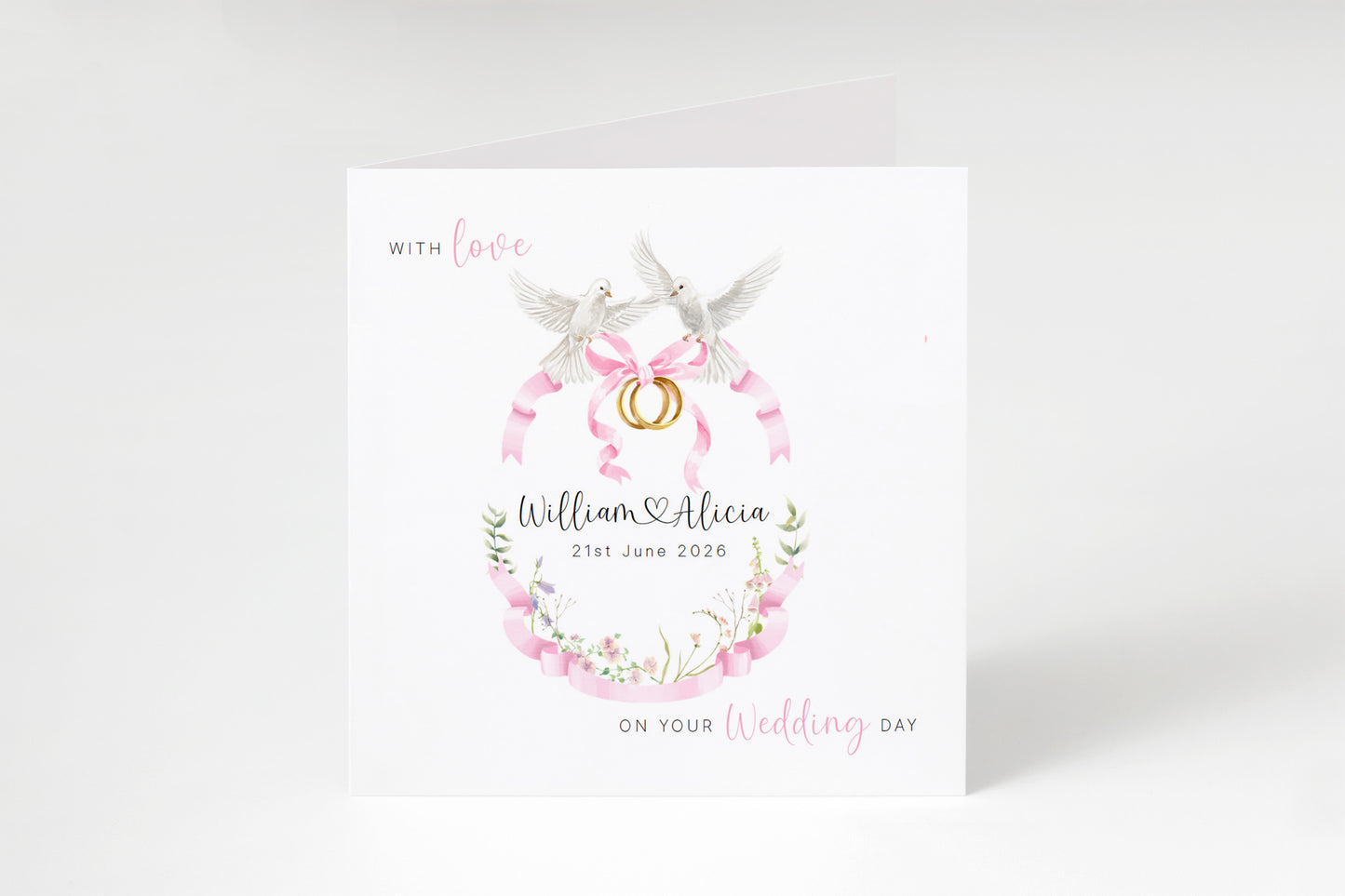 Personalised Wedding Card for Bride & Groom with Custom Names & Date -  Romantic Dove & Rings Design - Wedding Greeting Keepsake Card for Him or Her - Pink Envelope Included