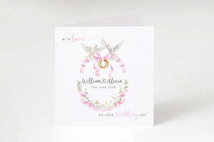 Personalised Wedding Card for Bride & Groom with Custom Names & Date -  Romantic Dove & Rings Design - Wedding Greeting Keepsake Card for Him or Her - Pink Envelope Included