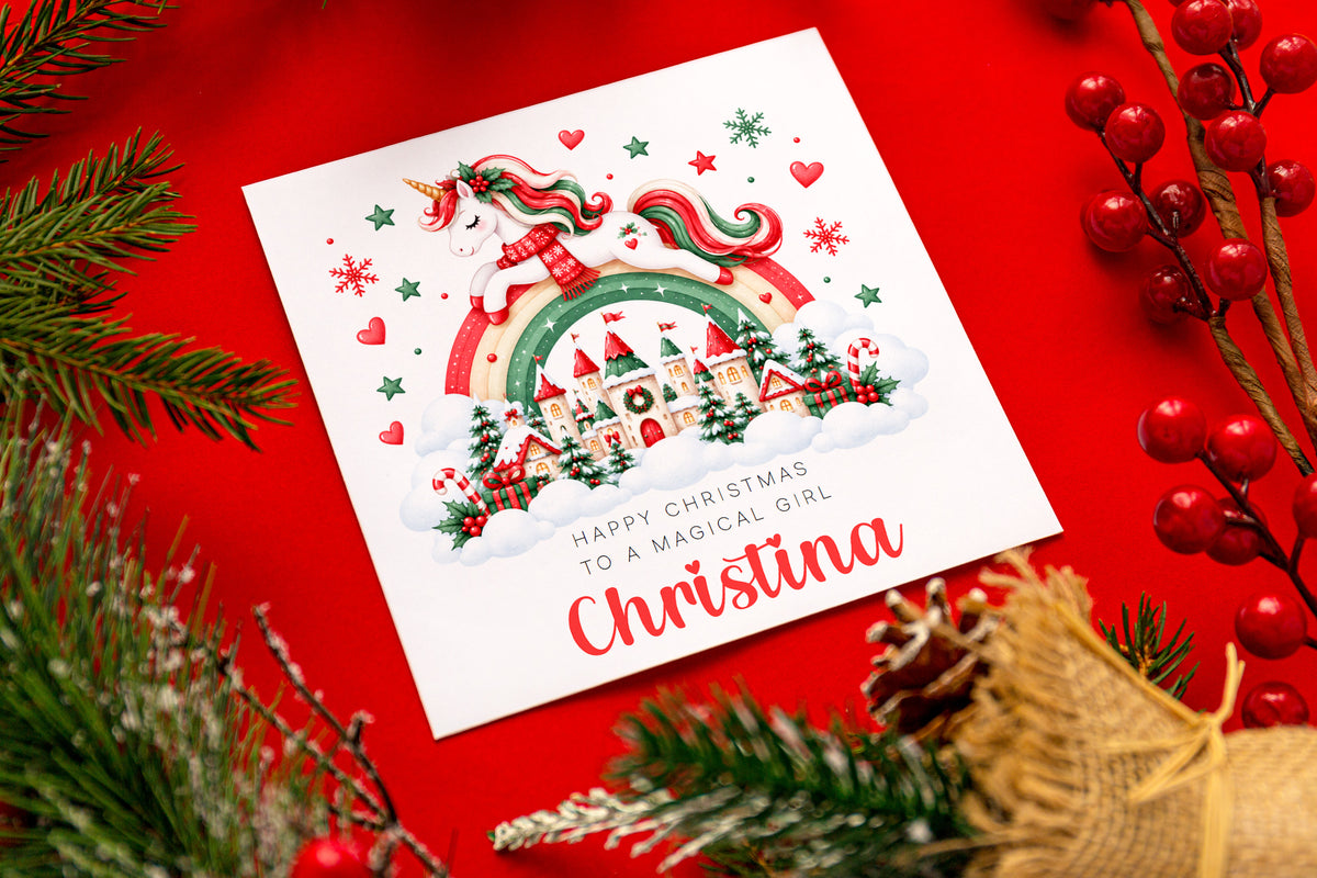Personalised Christmas Card for Girls – Beautiful Magical Unicorn and Xmas Castle