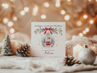 Personalised Christmas card for Girls – Red Bunny in a Christmas Bauble