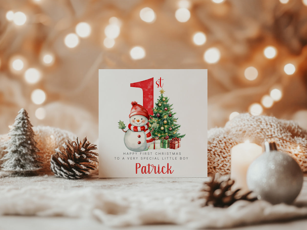 Personalised Baby Boy or Baby Girl's First Christmas Card – Snowman and Xmas Tree