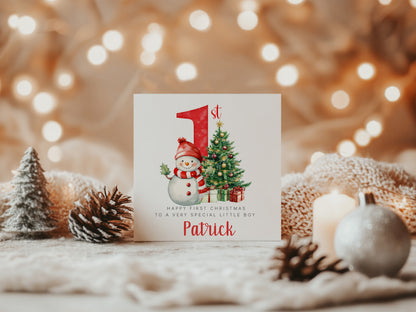 Personalised Baby Boy or Baby Girl's First Christmas Card – Snowman and Xmas Tree