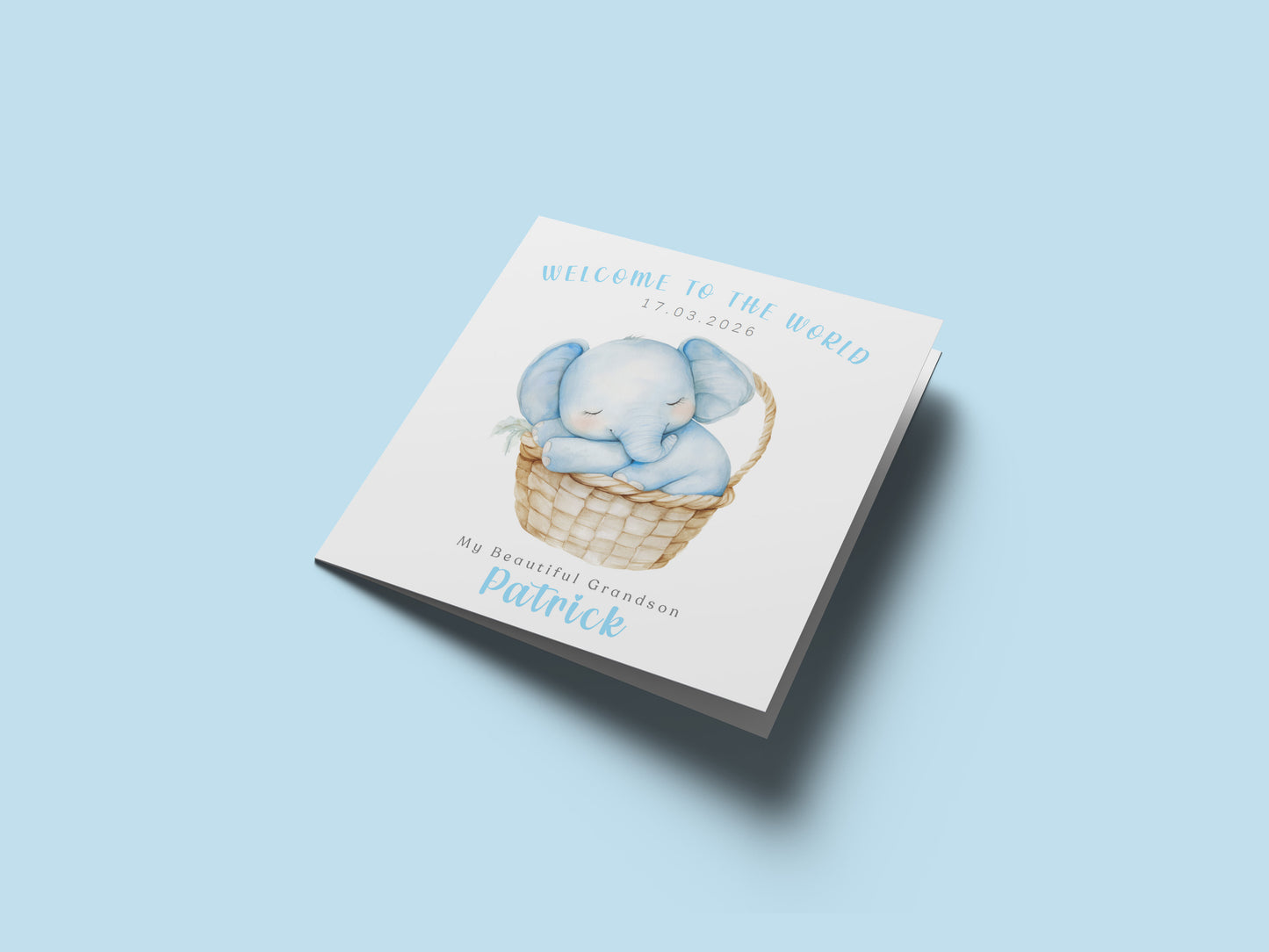 Personalised New Baby Boy Card Congratulations for Newborn Son, Grandson, Nephew, Welcome To The World Card - Elephant Design with Custom Date, Name and Message - Blue Envelope Included