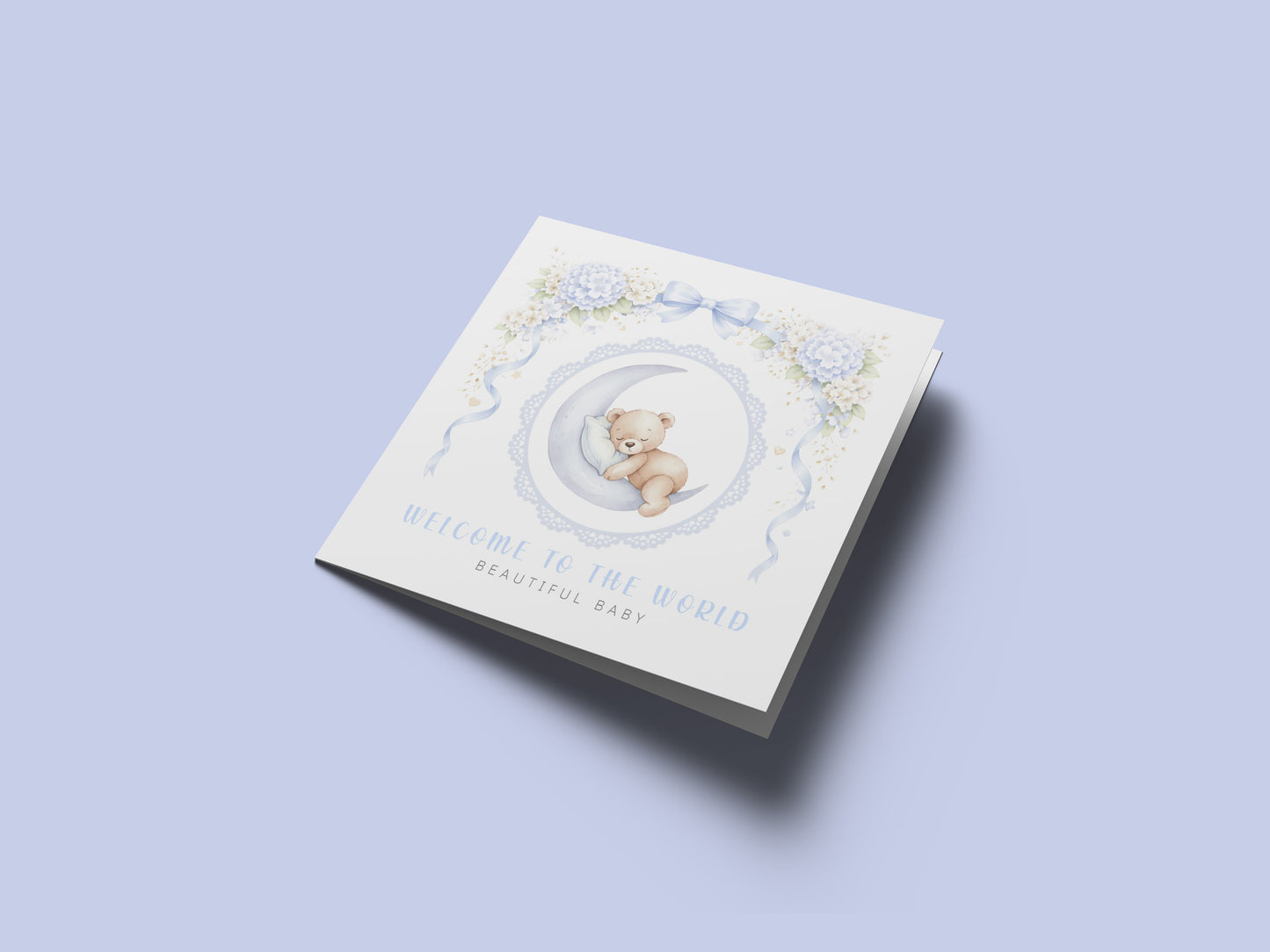 New Baby Boy Card Congratulations for Newborn Son, Grandson, Nephew, Little One, Welcome To The World, Baby Shower Card - Cute Teddy Bear on a Moon Design  - Blue Envelope Included