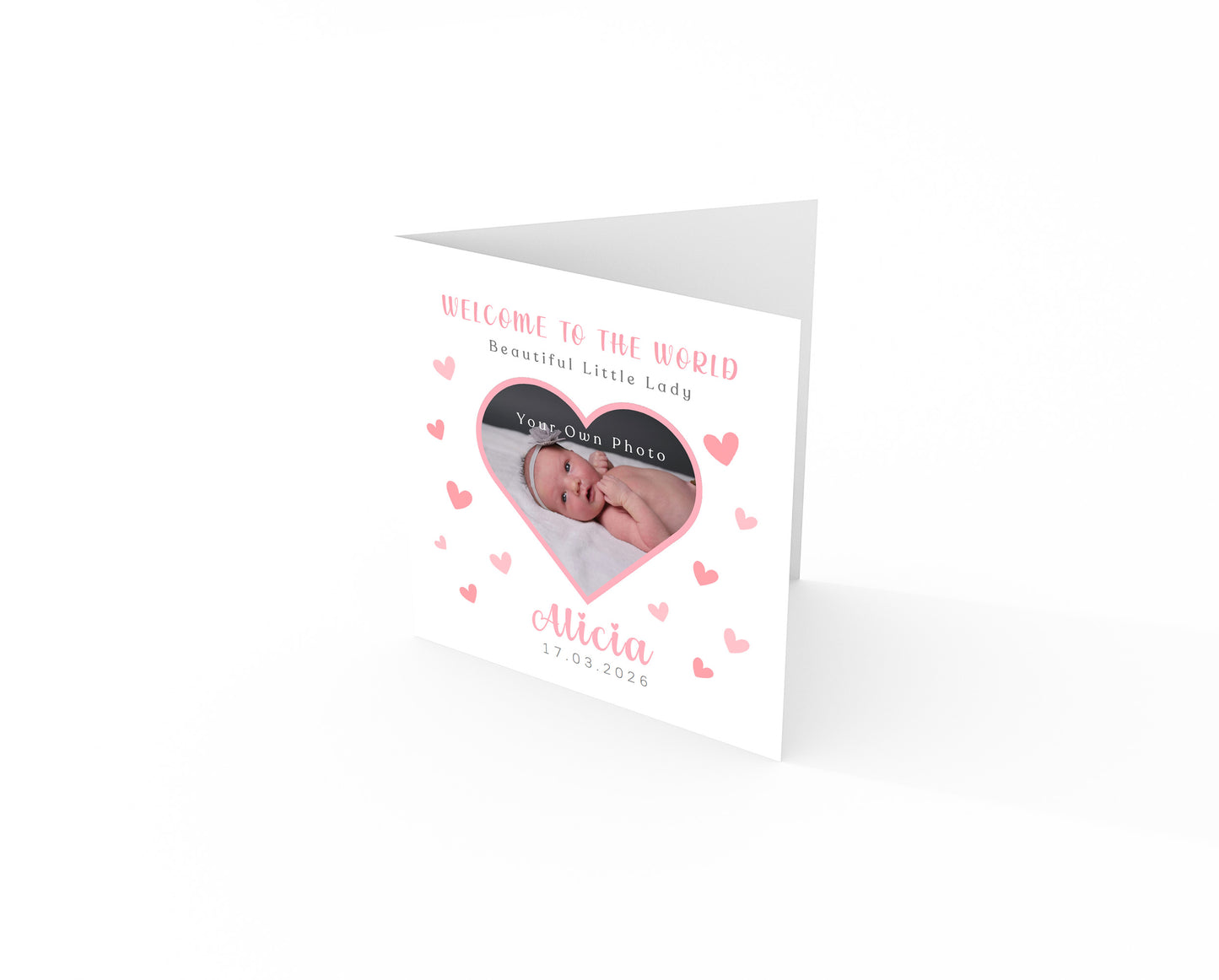 Personalised Phoro New Baby Girl Card Congratulations for Newborn Daughter, Granddaughter, Niece - Welcome To The World Card with Heart Frame Design - Custom Photo, Name & Date with Pink Envelope