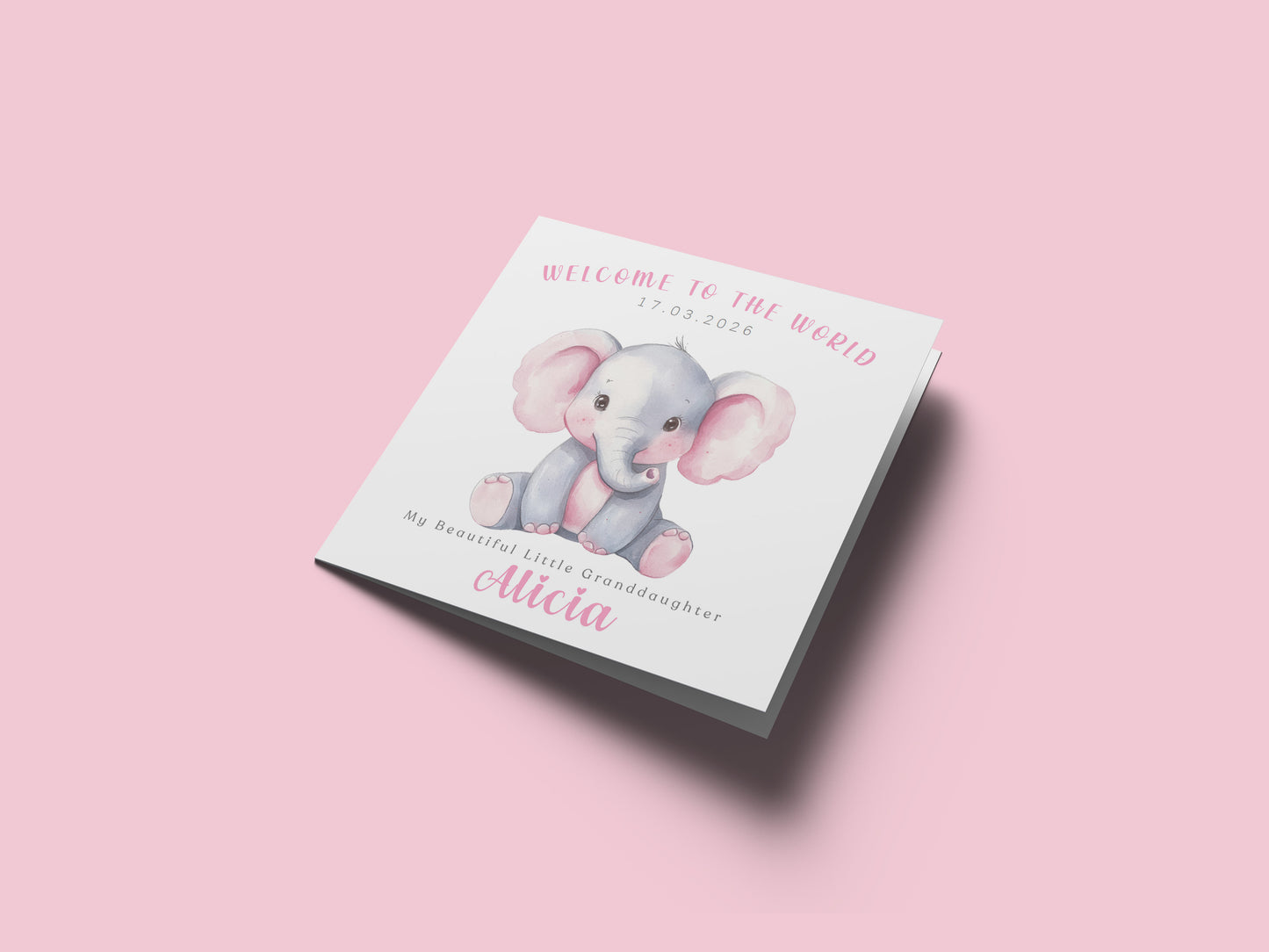 Personalised New Baby Girl Card Congratulations for Newborn Daughter, Granddaughter, Niece, Welcome To The World Card with Elephant Design with Custom Date, Message & Name with Pink Envelope