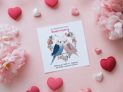 Cute Budgie Love Birds Anniversary Card for Wedding, Dating, Relationship Milestones –1st, 2nd, 3rd, 5th, 10th, 20th - For Him, Her, Wife, Husband, Couples