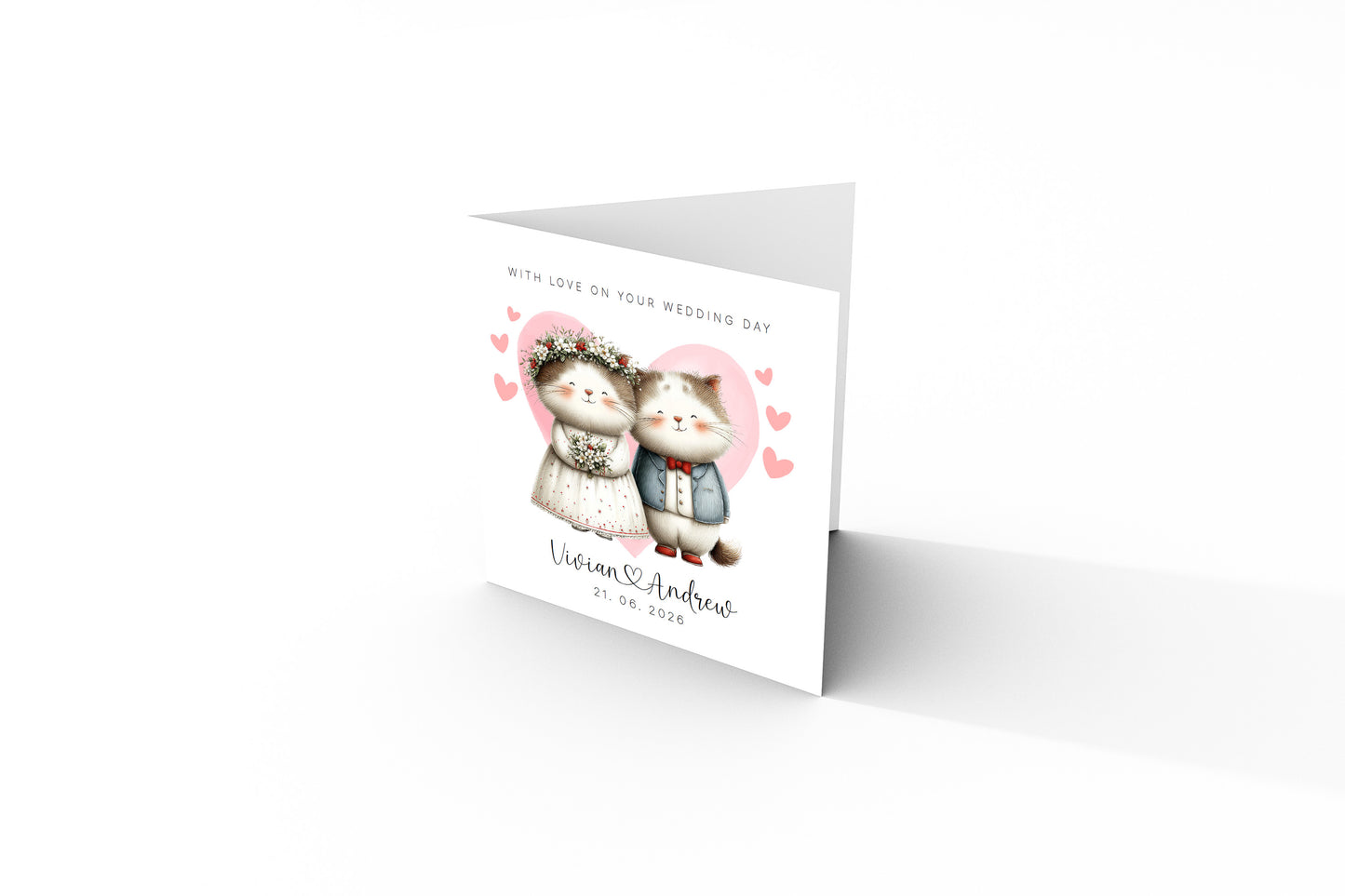 Personalised Wedding Card with Custom Couple's Names & Wedding Date – Cute Cat Design - Wedding Congratulations Card for Newlywed couples, Animal Lovers, Him or Her - Pink Envelope Included